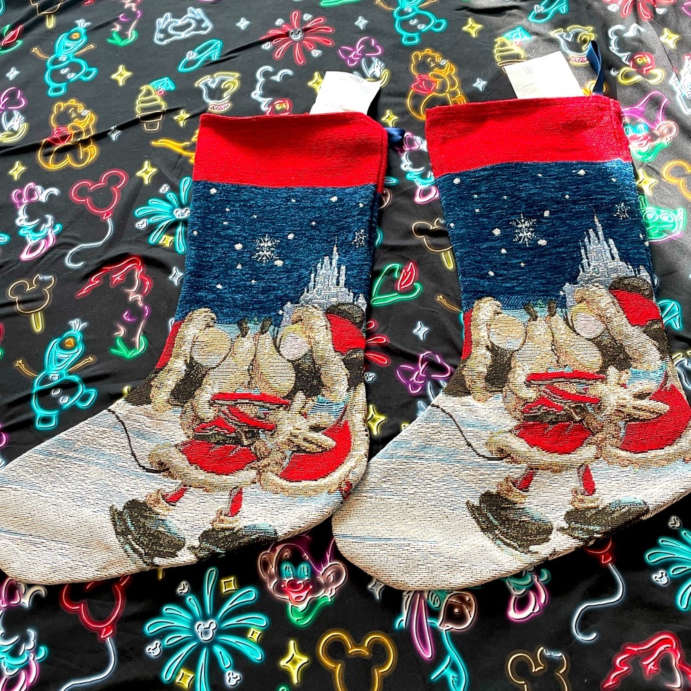 2 Vintage Style Disney Tapestry Mickey Minnie Victorian Christmas Stocki…